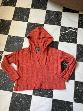 American Eagle Outfitters Cable-Knit V-Neck Hooded Sweater in Rust